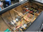 The power train for Arthur Barlow's Mersey class RNLB Andy Pearce. The motors are Graupner speed 900BBs. Independent trim tab control is by two servos on either of the two esc's.